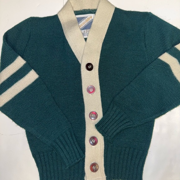 Vintage Kids Harveeshire Varsity Style Cardigan Sweater 4T 5T Green White Retro - Picture 1 of 7